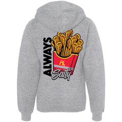 Hobo Lax Always Salty youth lacrosse hoodie in heather grey color featuring lacrosse stick French fries graphic