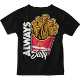 Hobo Lax Always Salty youth lacrosse t-shirt in black color featuring lacrosse stick fries graphic