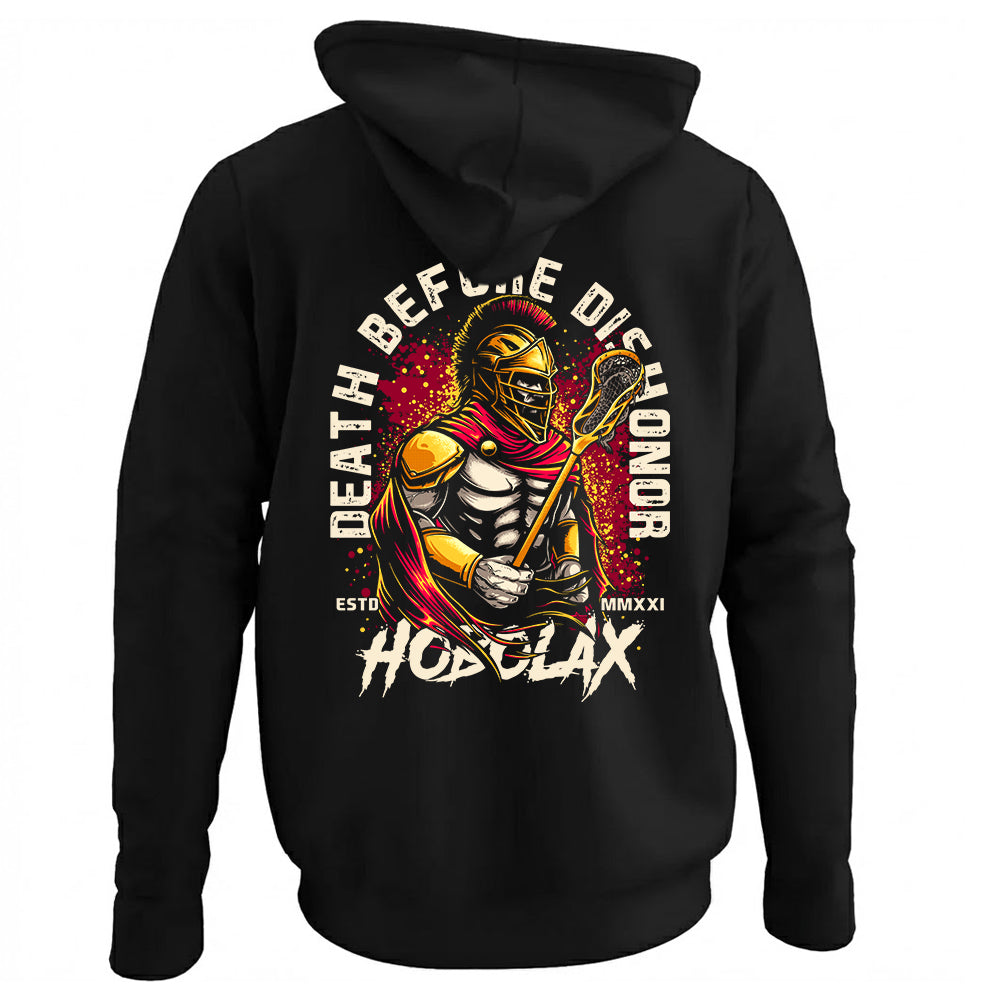Death Before Dishonor black lacrosse hoodie with warrior in armor holding lacrosse stick design with gold and crimson accents from Hobo Lax