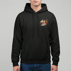 Death Before Dishonor black lacrosse hoodie with warrior in armor holding lacrosse stick design with gold and crimson accents from Hobo Lax