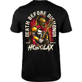 Death Before Dishonor lacrosse t-shirt with warrior in armor holding lacrosse stick design on sand colored tee from Hobo Lax