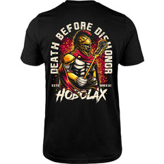 Death Before Dishonor lacrosse t-shirt with warrior in armor holding lacrosse stick design on sand colored tee from Hobo Lax