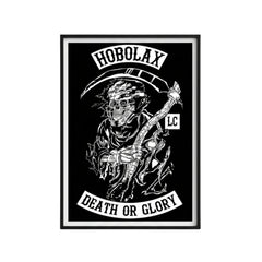 Hobo Lax Grim Ripper lacrosse poster featuring grim reaper in lacrosse gear with Death or Glory text in black and white design