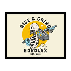 Framed poster with skeleton holding lacrosse equipment and 'Rise & Grind Hobolax' text on a beige background