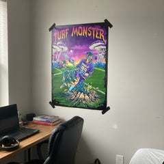 Hobo Lax Turf Monster lacrosse poster featuring player being pulled into ground by monster with psychedelic mushrooms