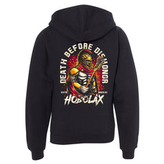 Death Before Dishonor youth black lacrosse hoodie with warrior in armor holding lacrosse stick design with gold and crimson accents from Hobo Lax