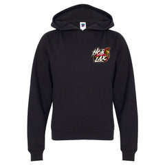 Death Before Dishonor youth black lacrosse hoodie with warrior in armor holding lacrosse stick design with gold and crimson accents from Hobo Lax