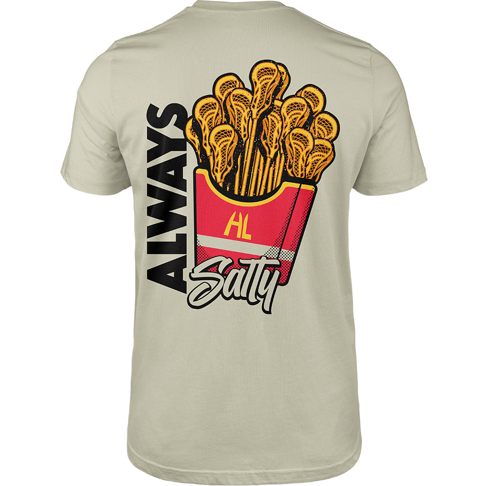 Hobo Lax Always Salty lacrosse t-shirt in sand color featuring lacrosse stick fries graphic