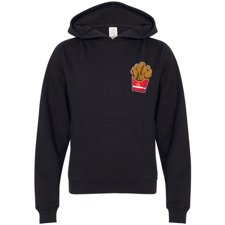 Hobo Lax Always Salty youth lacrosse hoodie in black color featuring lacrosse stick French fries graphic