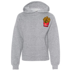 Hobo Lax Always Salty youth lacrosse hoodie in heather grey color featuring lacrosse stick French fries graphic