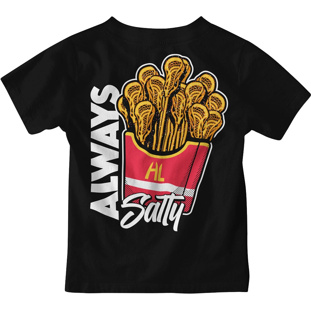 Hobo Lax Always Salty youth lacrosse t-shirt in black color featuring lacrosse stick fries graphic