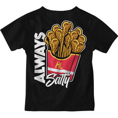 Hobo Lax Always Salty youth lacrosse t-shirt in black color featuring lacrosse stick fries graphic