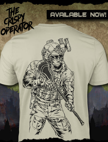 "Crispy Operator" lacrosse shirt in cream featuring a detailed soldier graphic holding a weapon, with "AVAILABLE NOW!" banner.