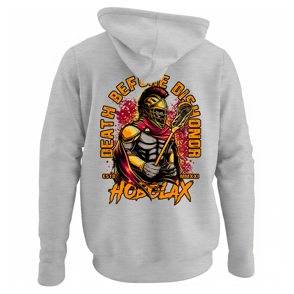 Death Before Dishonor black lacrosse hoodie with warrior in armor holding lacrosse stick design with gold and crimson accents from Hobo Lax