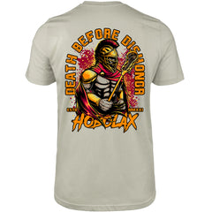Death Before Dishonor lacrosse t-shirt with warrior in armor holding lacrosse stick design on sand colored tee from Hobo Lax