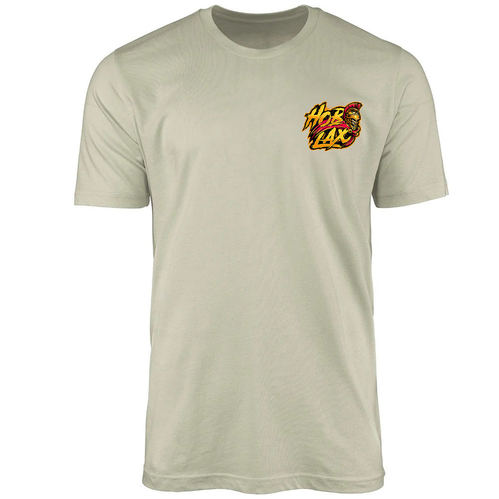 Death Before Dishonor lacrosse t-shirt with warrior in armor holding lacrosse stick design on sand colored tee from Hobo Lax