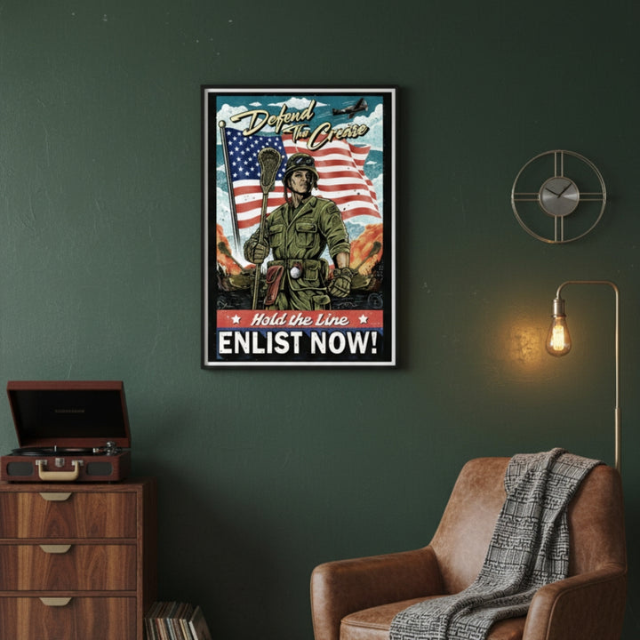 Vintage-style For Crease &amp; Country Hobo Lax Poster of a soldier with an American flag in a room with a brown armchair and wooden cabinet.