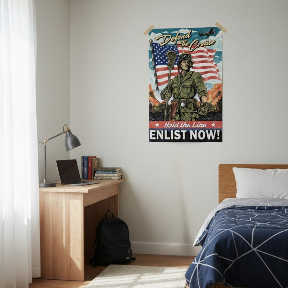 Room interior with a desk, bed, and vintage-style For Crease &amp; Country Hobo Lax Poster on the wall.