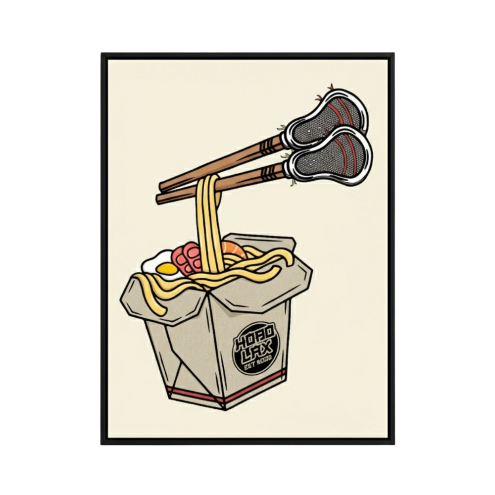 Hobo Lax Get Nood lacrosse poster featuring takeout box with lacrosse sticks as chopsticks picking up noodles