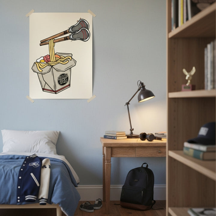 Hobo Lax Get Nood lacrosse poster featuring takeout box with lacrosse sticks as chopsticks picking up noodles
