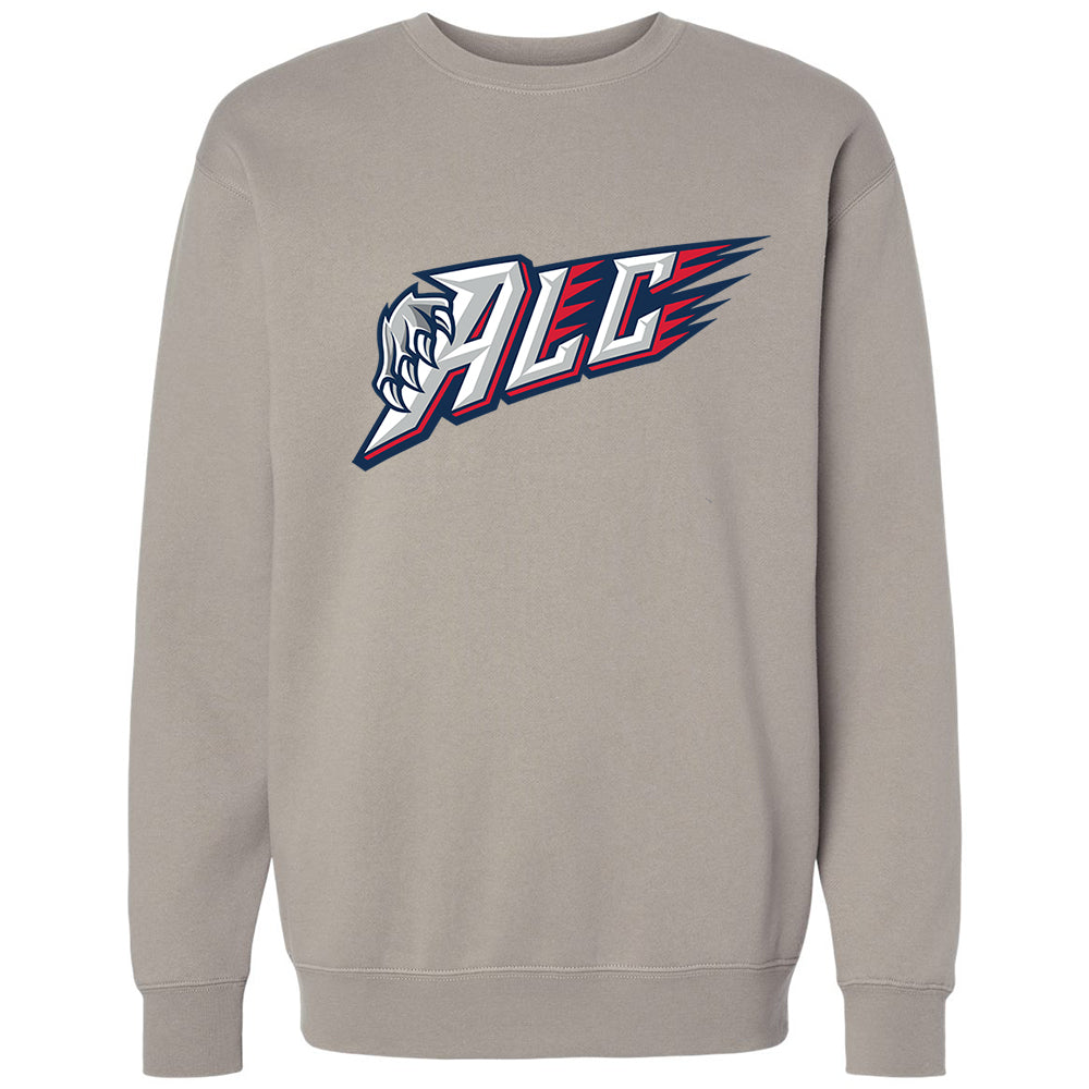 Adult Crewneck - ALC in stone, front view, ALC letters with claw graphic
