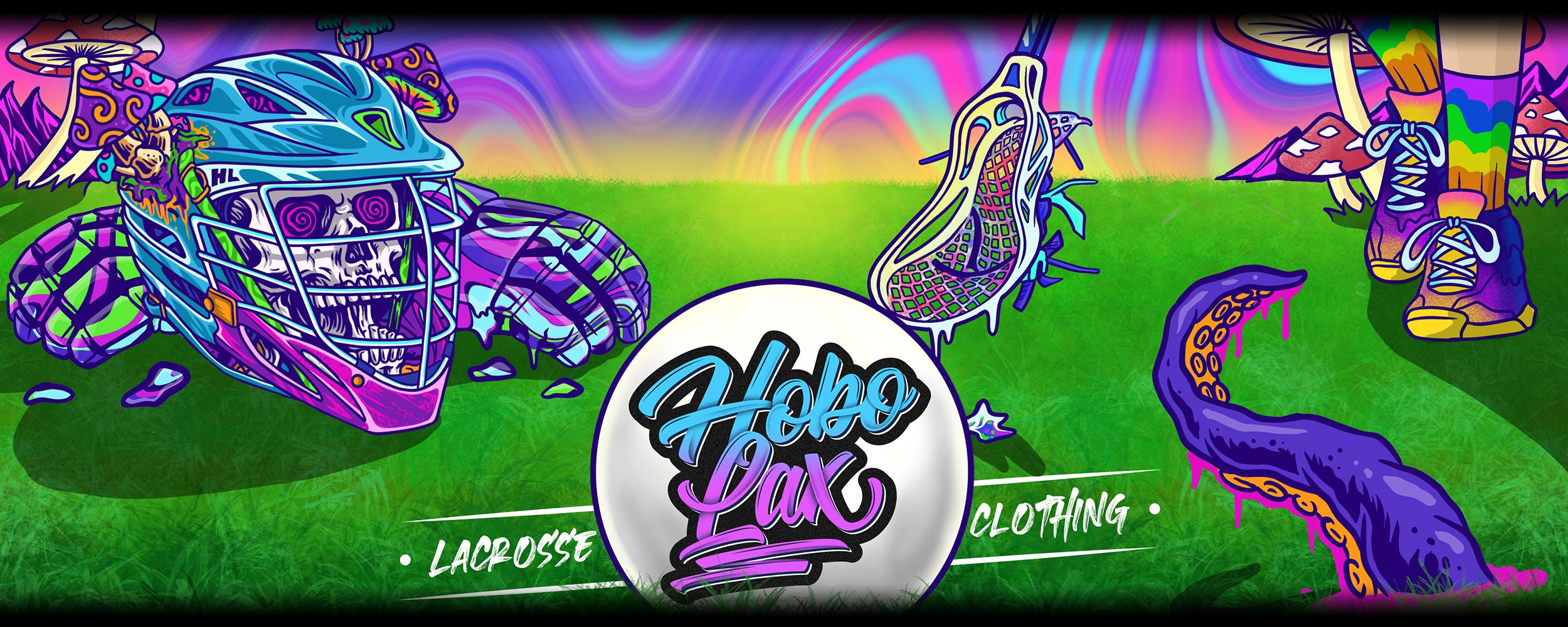 Collage of various lacrosse-themed stickers featuring athletes, equipment, and skull designs, with "NEW STICKERS JUST DROPPED" and "HOBOLAX.COM" prominently displayed.
