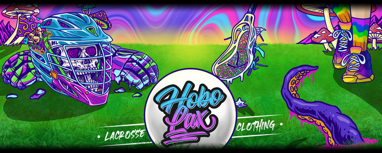 Collage of various lacrosse-themed stickers featuring athletes, equipment, and skull designs, with "NEW STICKERS JUST DROPPED" and "HOBOLAX.COM" prominently displayed.