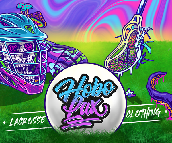 Promotional image for "Hobo Lax" featuring a vibrant psychedelic background, a stylized lacrosse helmet and stick, and bold brand text.