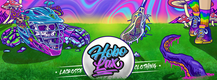 Vibrant graphic design featuring "Hobo Lax" logo on a white circle, cartoonish lacrosse elements, and a psychedelic background with colorful details.