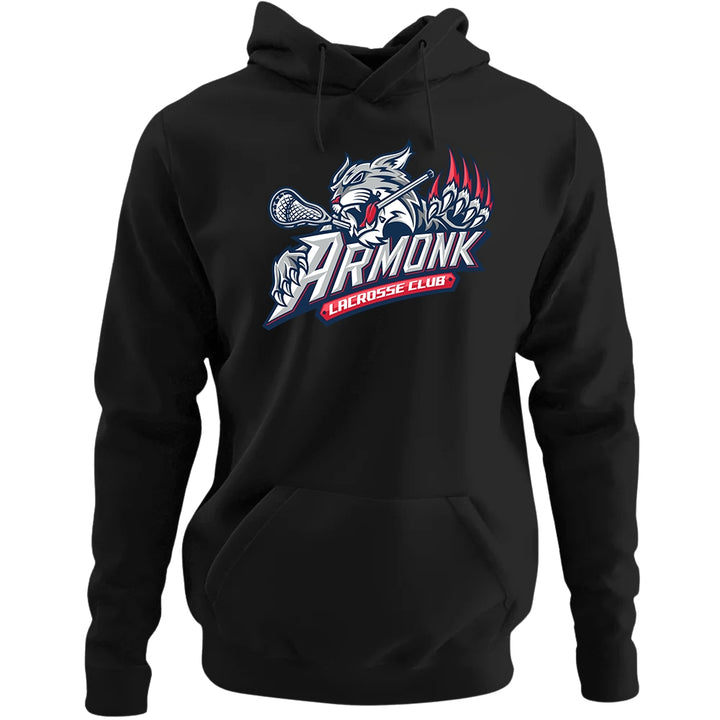Adult Hoodie - Armonk Lacrosse in black, front view, wildcat holding lacrosse stick with Armonk Lacrosse Club text