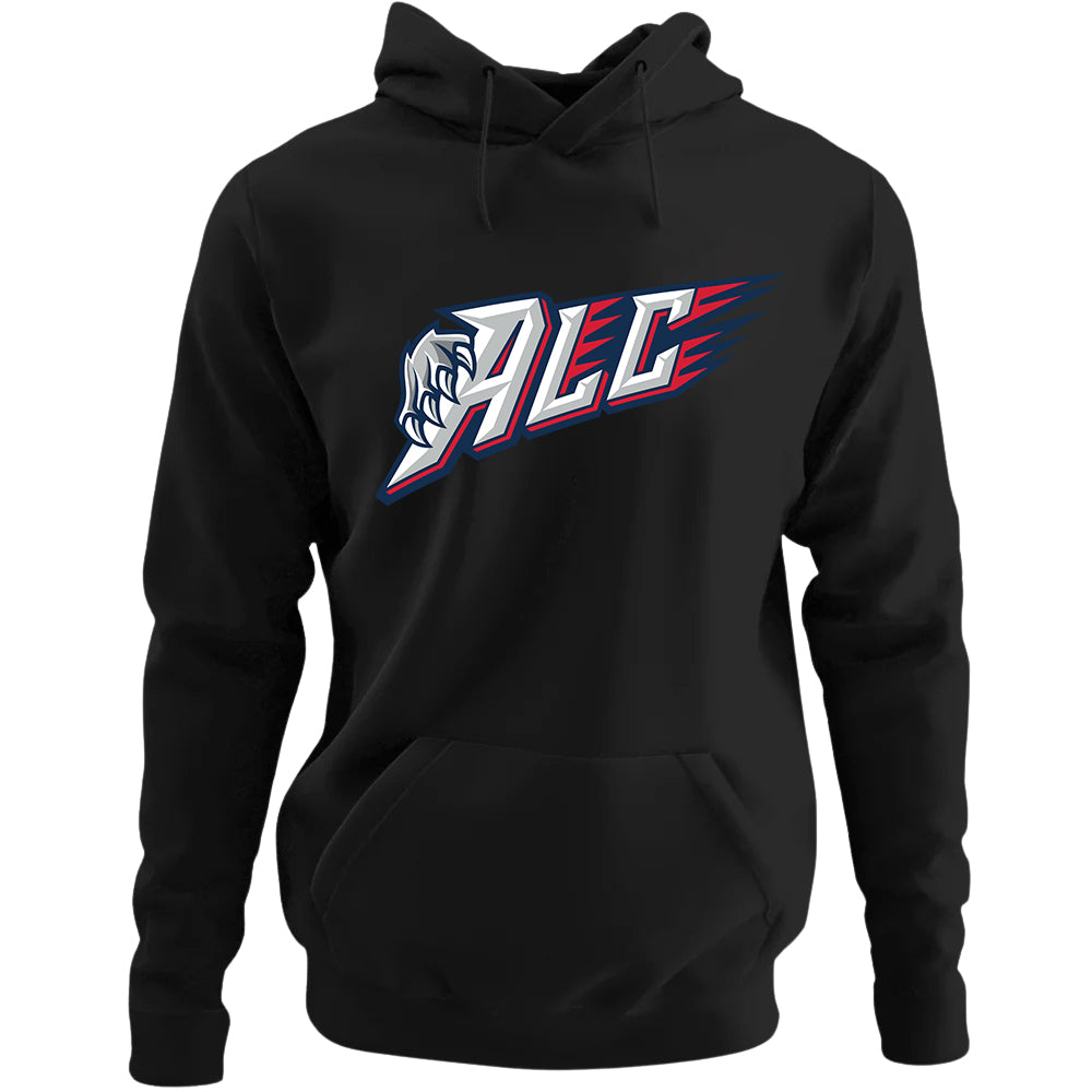 Adult Hoodie - ALC in black, front view, ALC text with claw graphic and red streaks