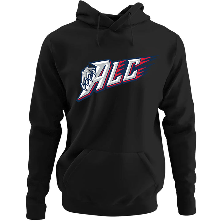 Adult Hoodie - ALC in black, front view, ALC text with claw graphic and red streaks
