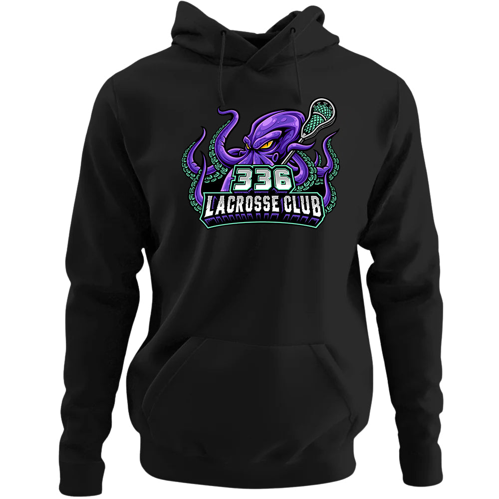 Adult Hoodie - 336 Lacrosse Club in black, front view, purple octopus holding lacrosse stick with 336 Lacrosse Club text
