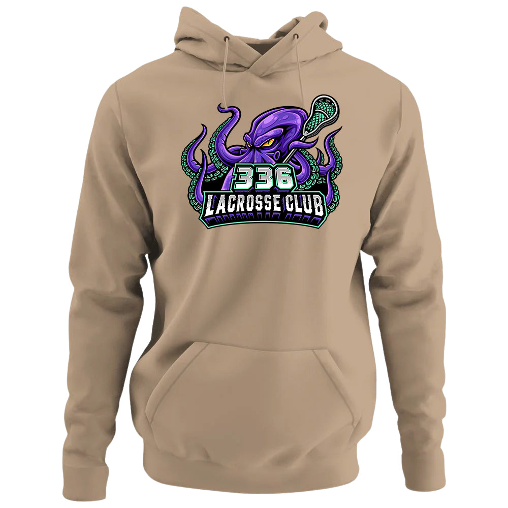 Adult Hoodie - 336 Lacrosse Club in camel, front view, purple octopus holding lacrosse stick with 336 Lacrosse Club text