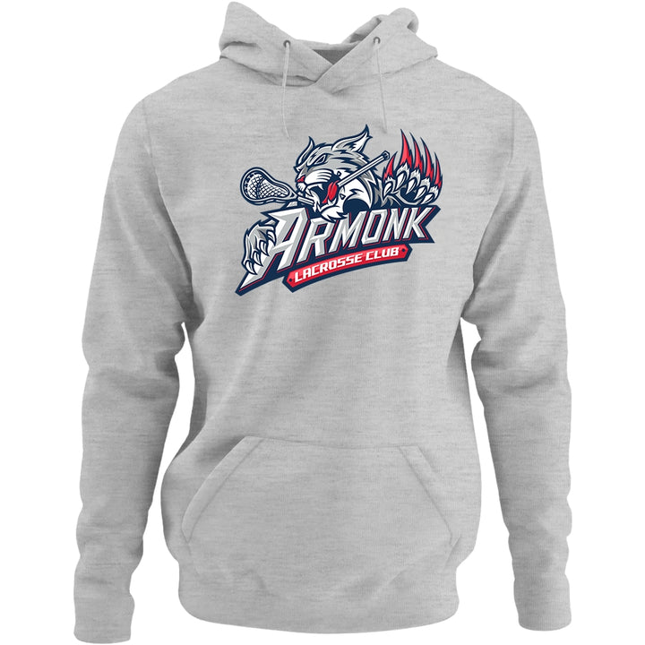 Adult Hoodie - Armonk Lacrosse in heather grey, front view, wildcat holding lacrosse stick with Armonk Lacrosse Club text