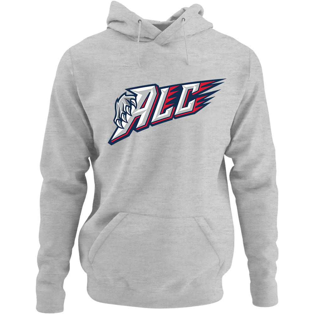 Adult Hoodie - ALC in heather grey, front view, ALC letters with claw graphic and red streaks