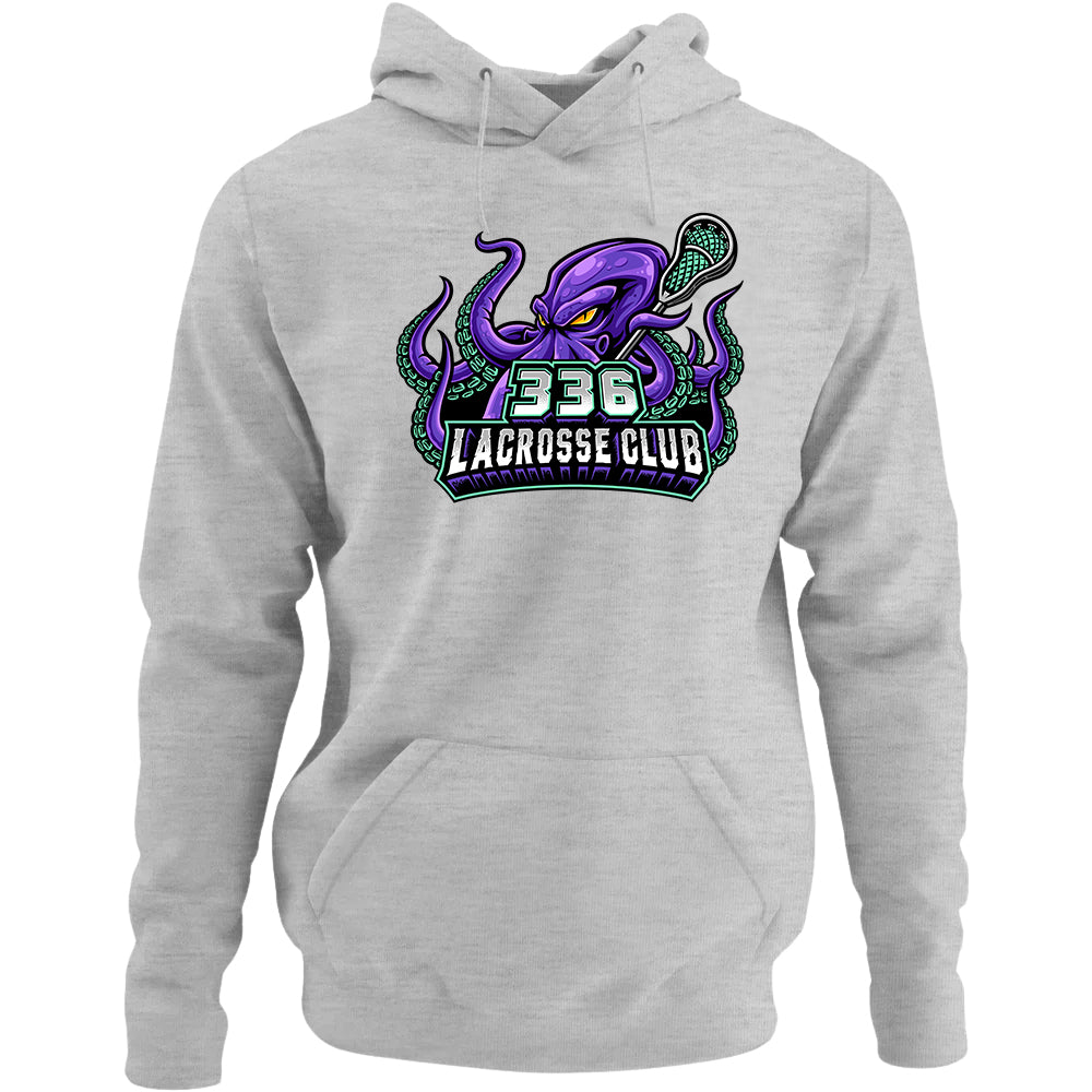 Adult Hoodie - 336 Lacrosse Club in heather grey, purple octopus holding lacrosse stick with text &