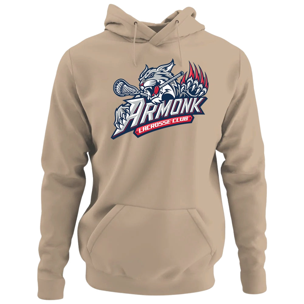 Adult Hoodie - Armonk Lacrosse in camel, front view, wolf holding lacrosse stick with Armonk Lacrosse Club text