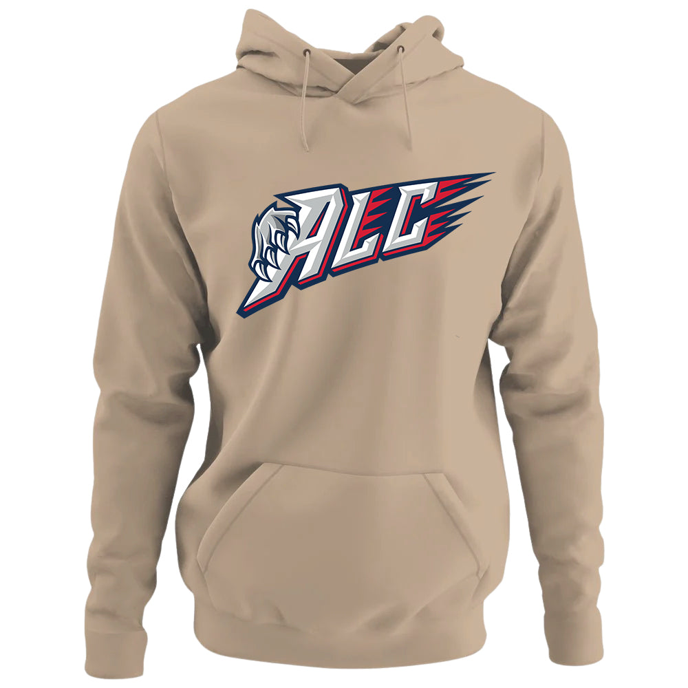 Adult Hoodie - ALC in camel, front view, ALC letters with claw graphic and red streaks