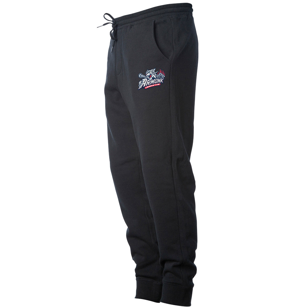 Adult Joggers - Armonk Lacrosse in black, side view, Armonk lacrosse wolf head with claw marks and text