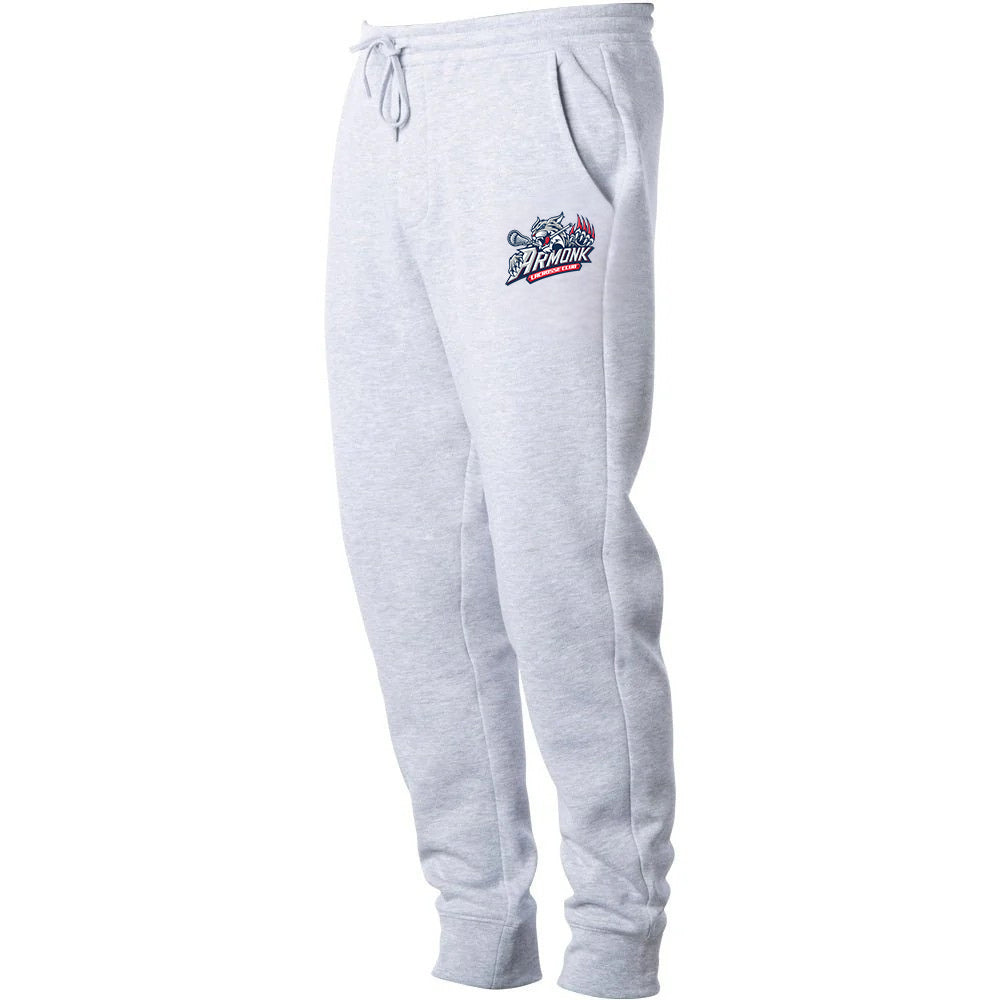 Adult Joggers - Armonk Lacrosse in heather grey, side view, Armonk lacrosse mascot with text