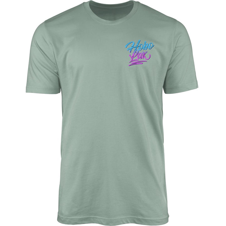 Lax Snake Tee in seafoam, front view, blue and pink Hobo Lax script logo on the left chest