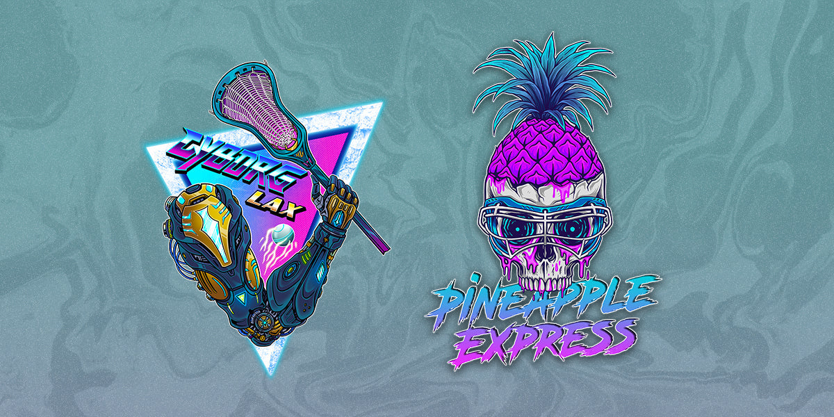 Custom lacrosse gear in vibrant colors, athletes in action, showcasing cyborg lax and pineapple express