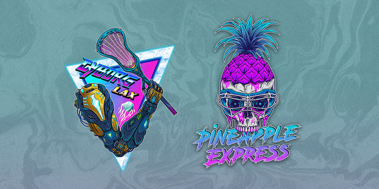 Custom lacrosse gear in vibrant colors, athletes in action, showcasing cyborg lax and pineapple express
