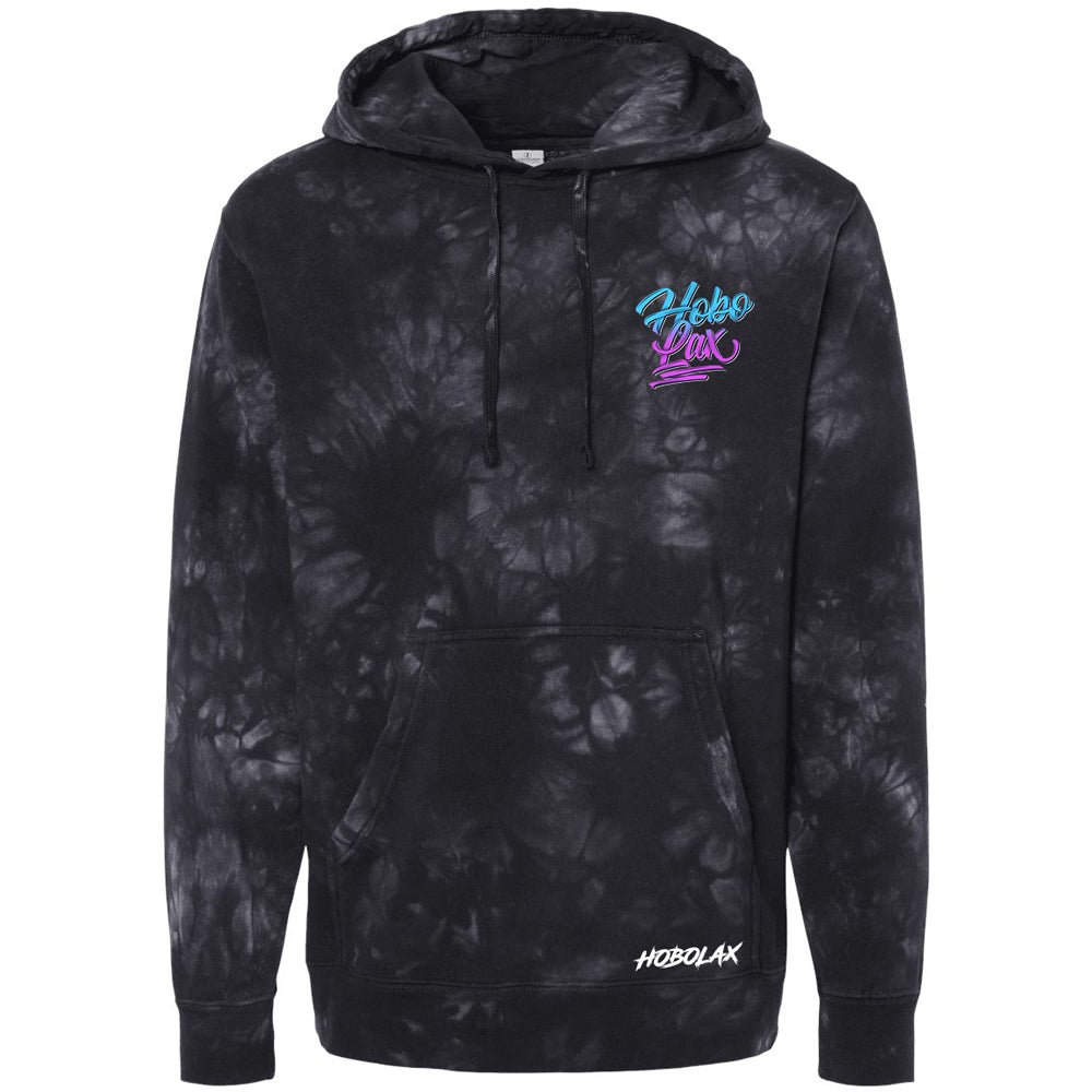 Black tie-dye lacrosse hoodie with 'Hobolax' logo on a white background