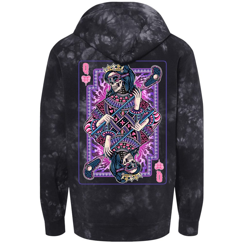 Black tie-dye lacrosse hoodie with a colorful graphic of a skeleton playing lacrosse on the back.