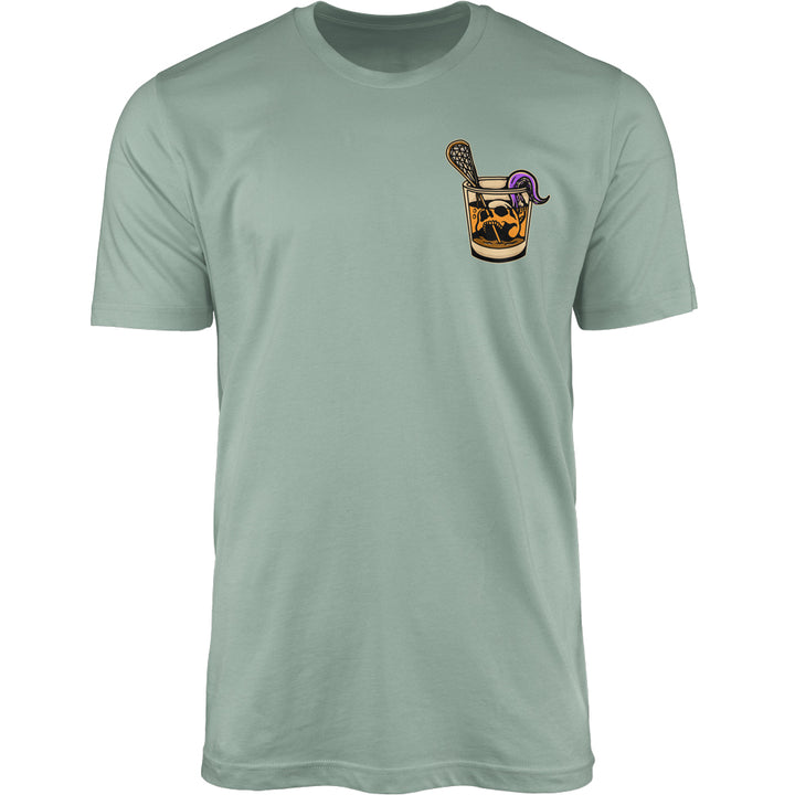 Rip &amp; Sip Tee in seafoam, front view, small whisky glass with skull, lacrosse stick and purple tentacle on the left chest