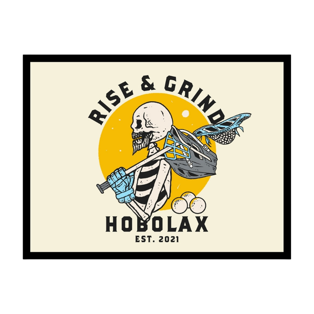 Framed poster with skeleton holding lacrosse equipment and 'Rise & Grind Hobolax' text on a beige background