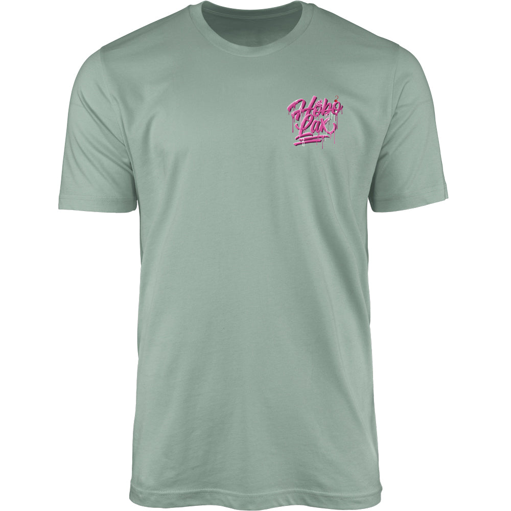 Sideline Scoop lacrosse tee in seafoam, front view with pink Hobo Lax drip logo on the left chest