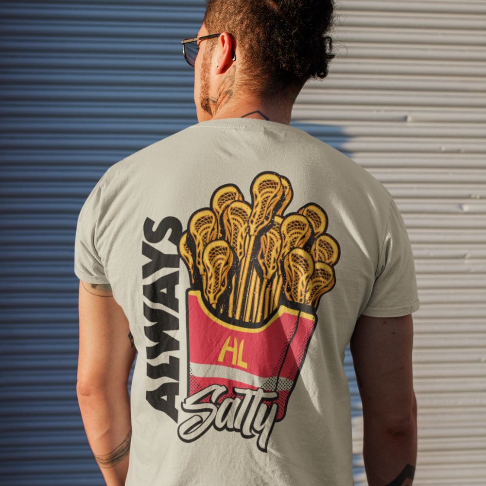 Hobo Lax Always Salty lacrosse t-shirt in sand color featuring lacrosse sticks designed as French fries graphic